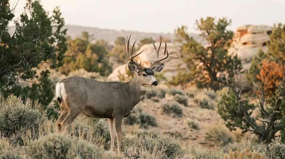 A mule deer buck with forked antlers and big ears in sagebrush