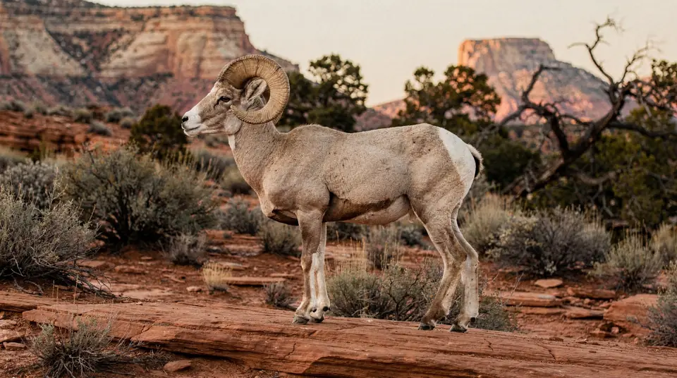 A desert bighorn ram with curled horns on a red rock ledge