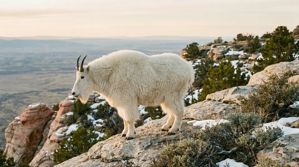 A white mountain goat with short black horns and a beard on an alpine ledge