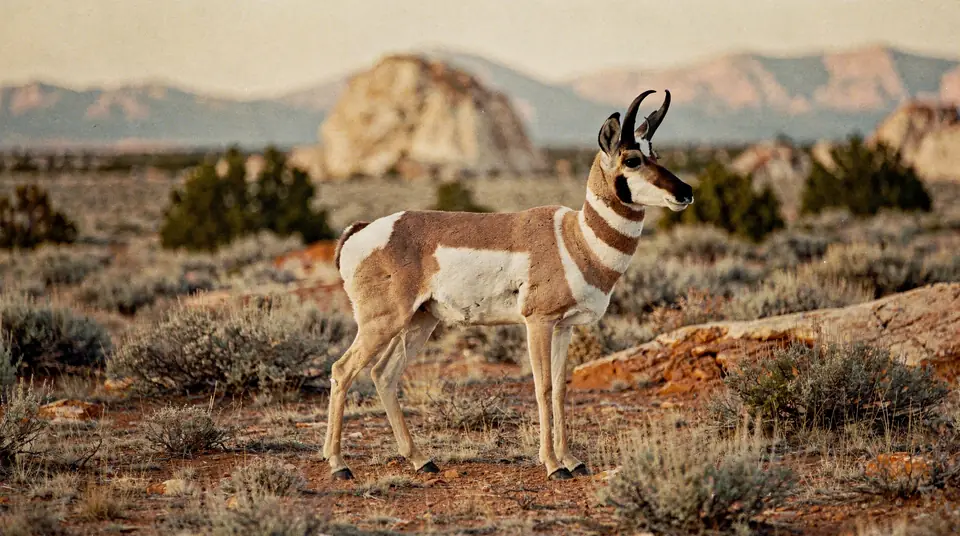 A pronghorn buck with pronged black horns and white throat bands on sagebrush flats