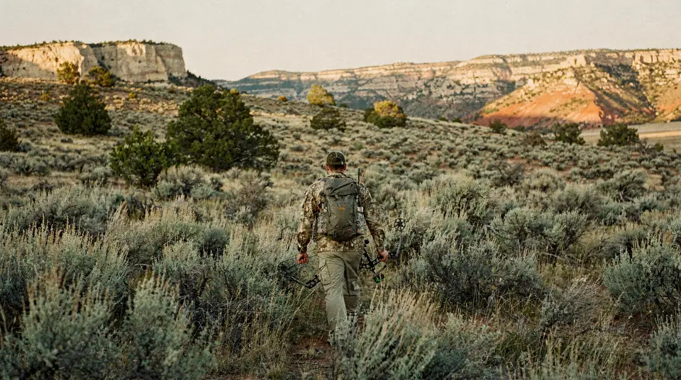 A bowhunter seen from behind walking through sagebrush at sunrise