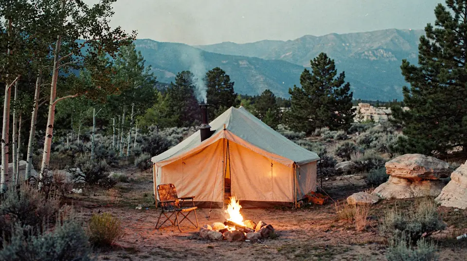 A canvas wall tent hunting camp glowing at dusk among aspens
